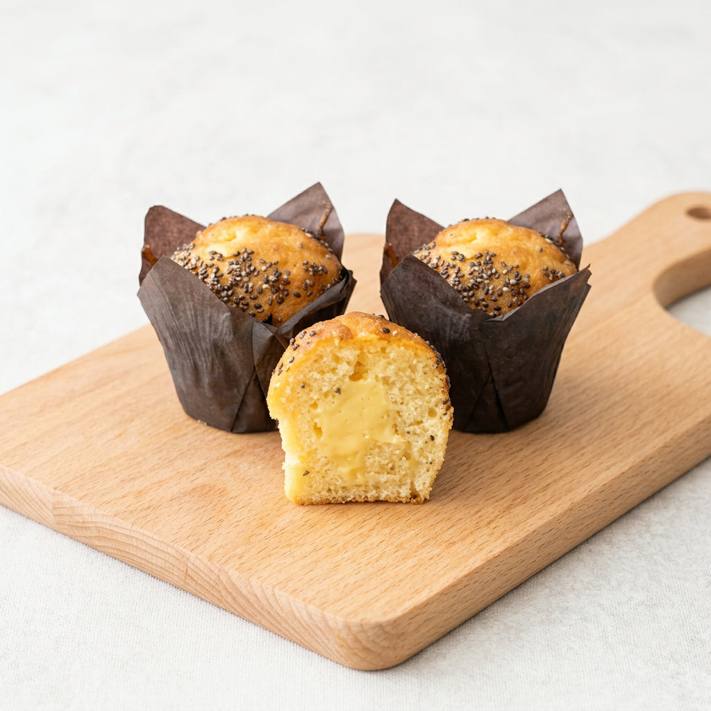 Three lemon muffins with chia seeds topping on a wooden cutting board