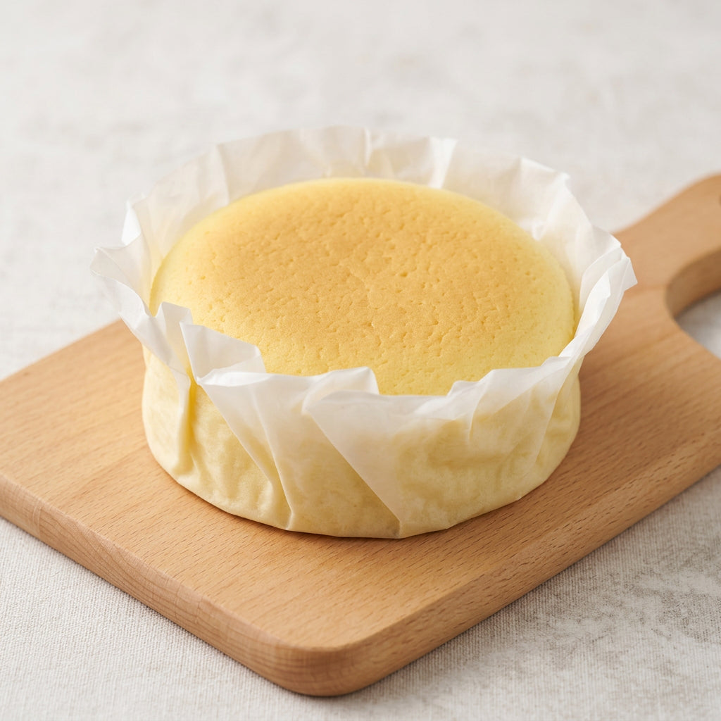 Japanese Hokkaido Style Cheescake in paper cup on wooden board