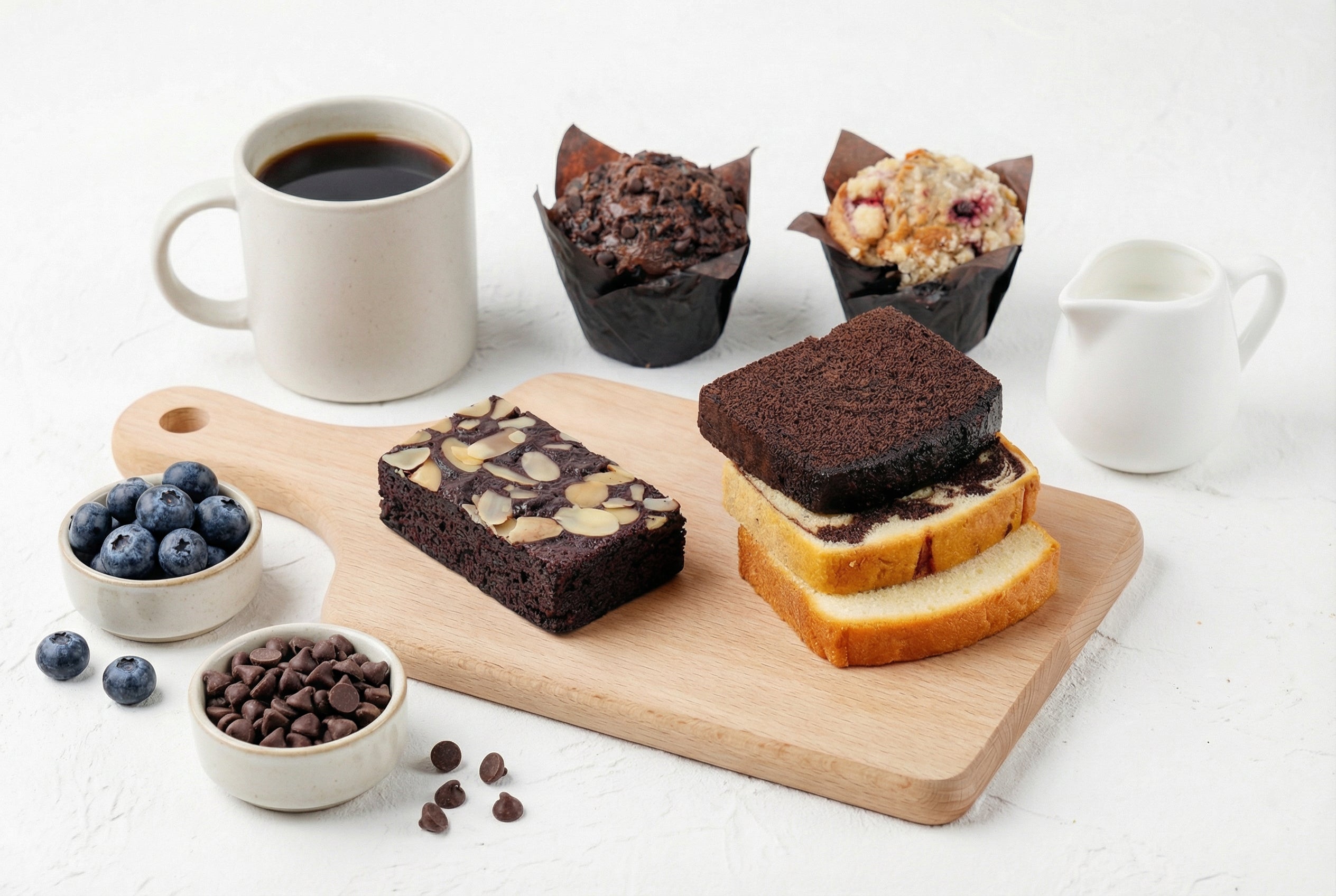 Assorted baked goods including almond brownie, chocolate and blueberry muffins, and butter cakes on a wooden board.