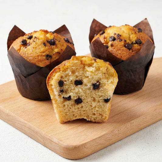 Three banana muffins with chocolate chips on a wooden board, one cut in half, on a light background.