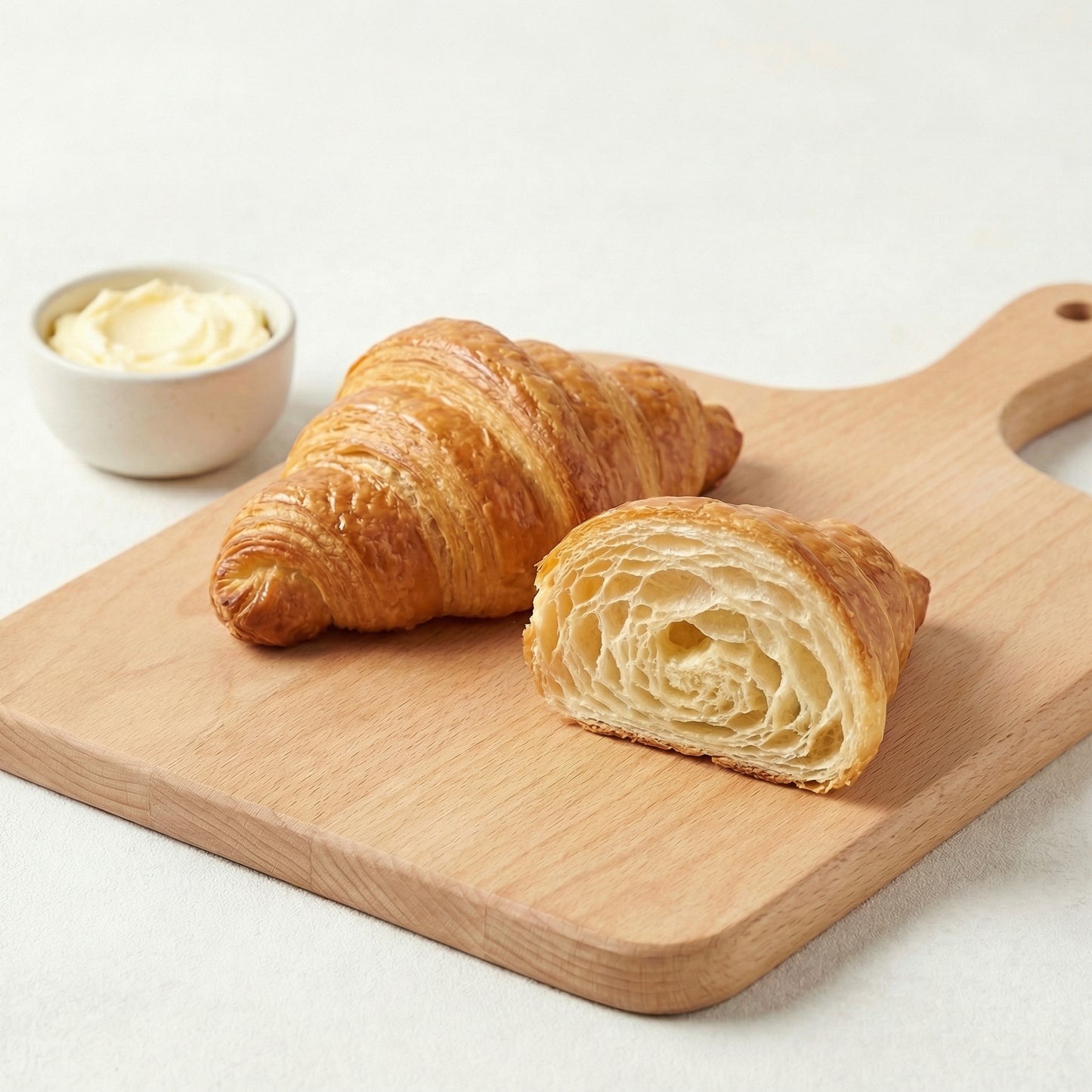 Croissant on a wooden cutting board with a small bowl of butter