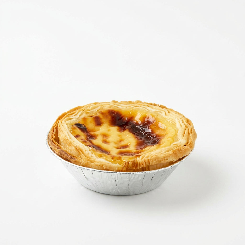 Portuguese egg tart with custard filling in a foil case on a white background