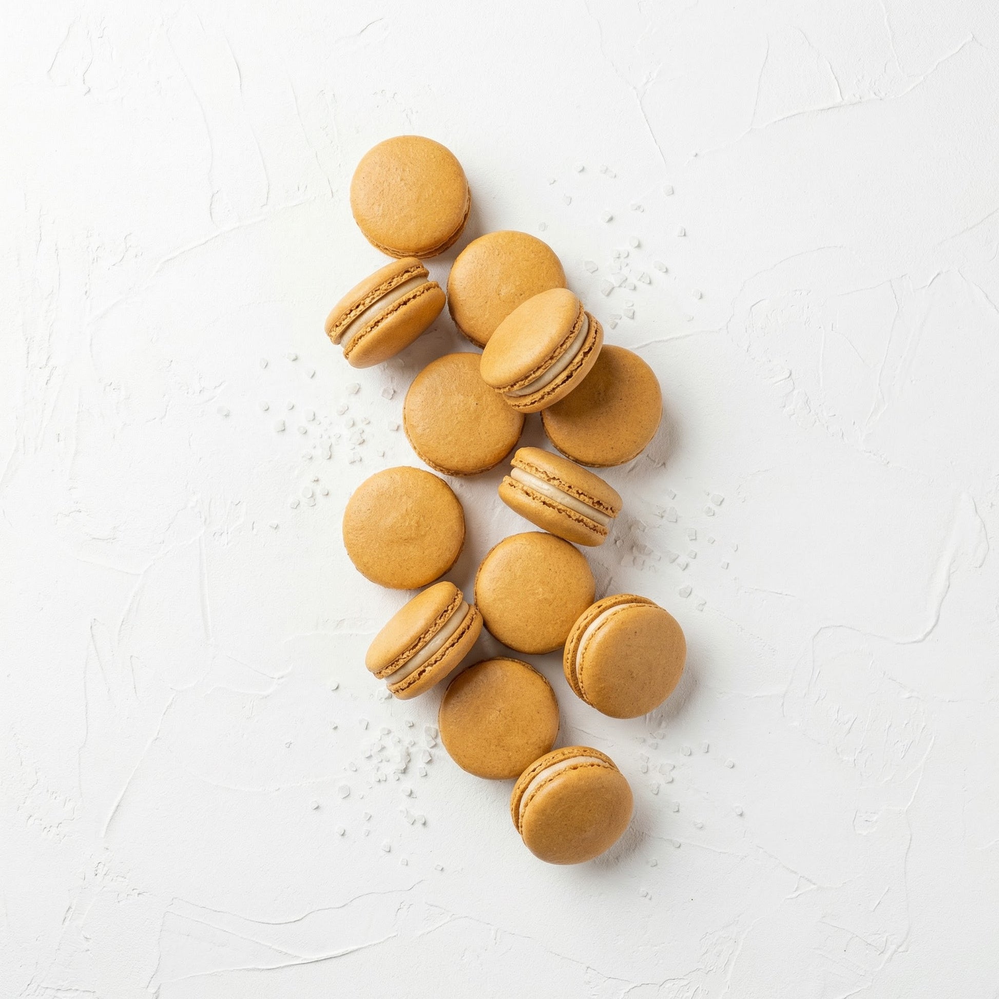 Salted Caramel Macarons Group Shot with Sea Salt Flakes