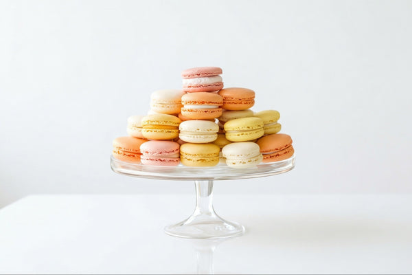 Stack of rose, strawberry, lemon and caramel macarons on a clear glass stand for a wedding