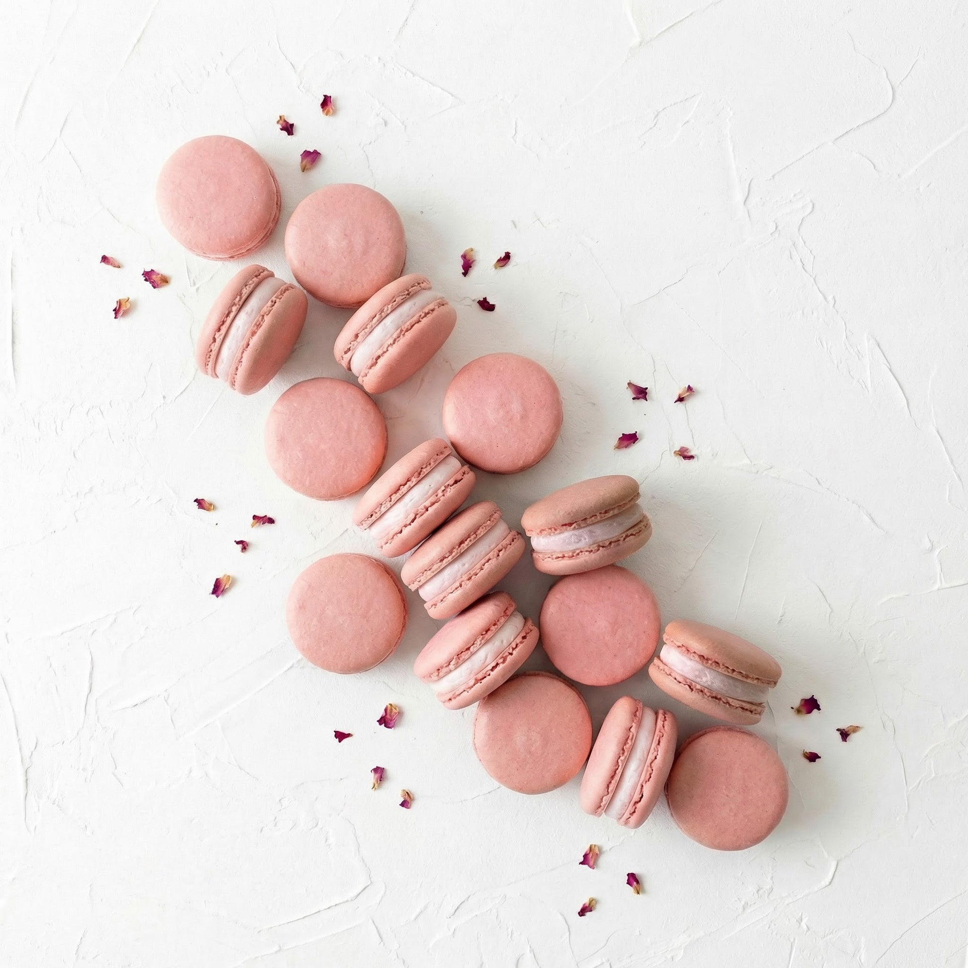Rosewater macarons on a white surface with small rose petals scattered around.