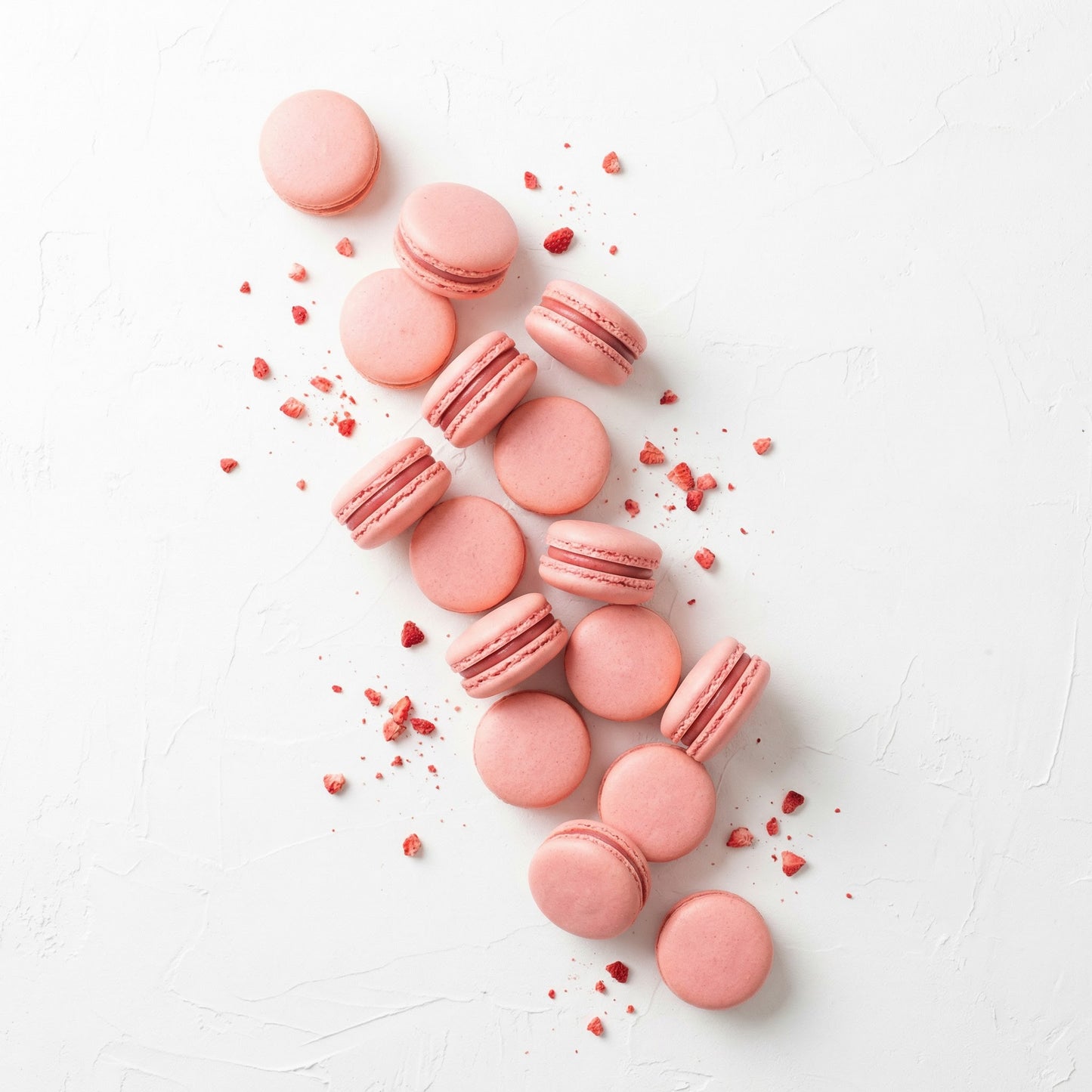 Strawberry macarons on a white surface with real strawberries.