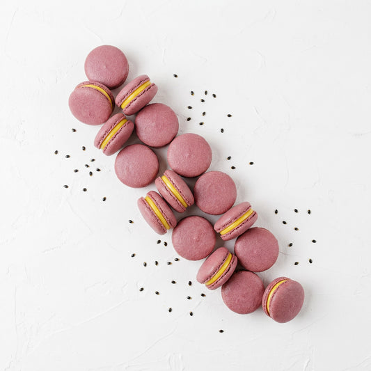 Macarons Purple Passion Fruit with black passion fruit seed specks