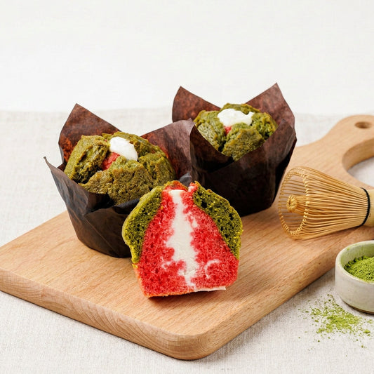 Three matcha green muffins in dark brown paper liners, with one cut open to show a red and white layered interior, arranged on a wooden cutting board with a bamboo whisk and a small bowl of matcha powder.