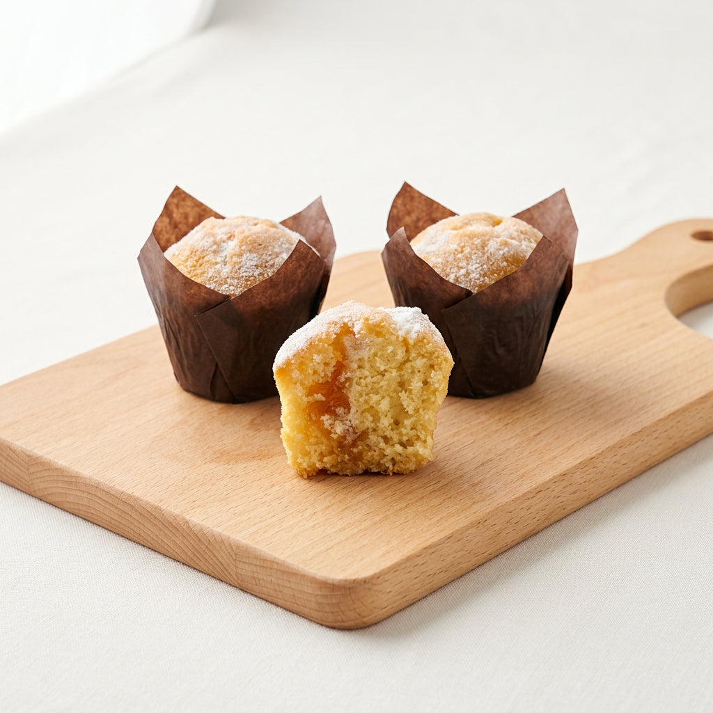 Three caramel muffins in brown paper cups on a wooden cutting board