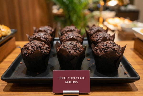 Chocolate muffins on a hotel breakfast buffet tray with a sign