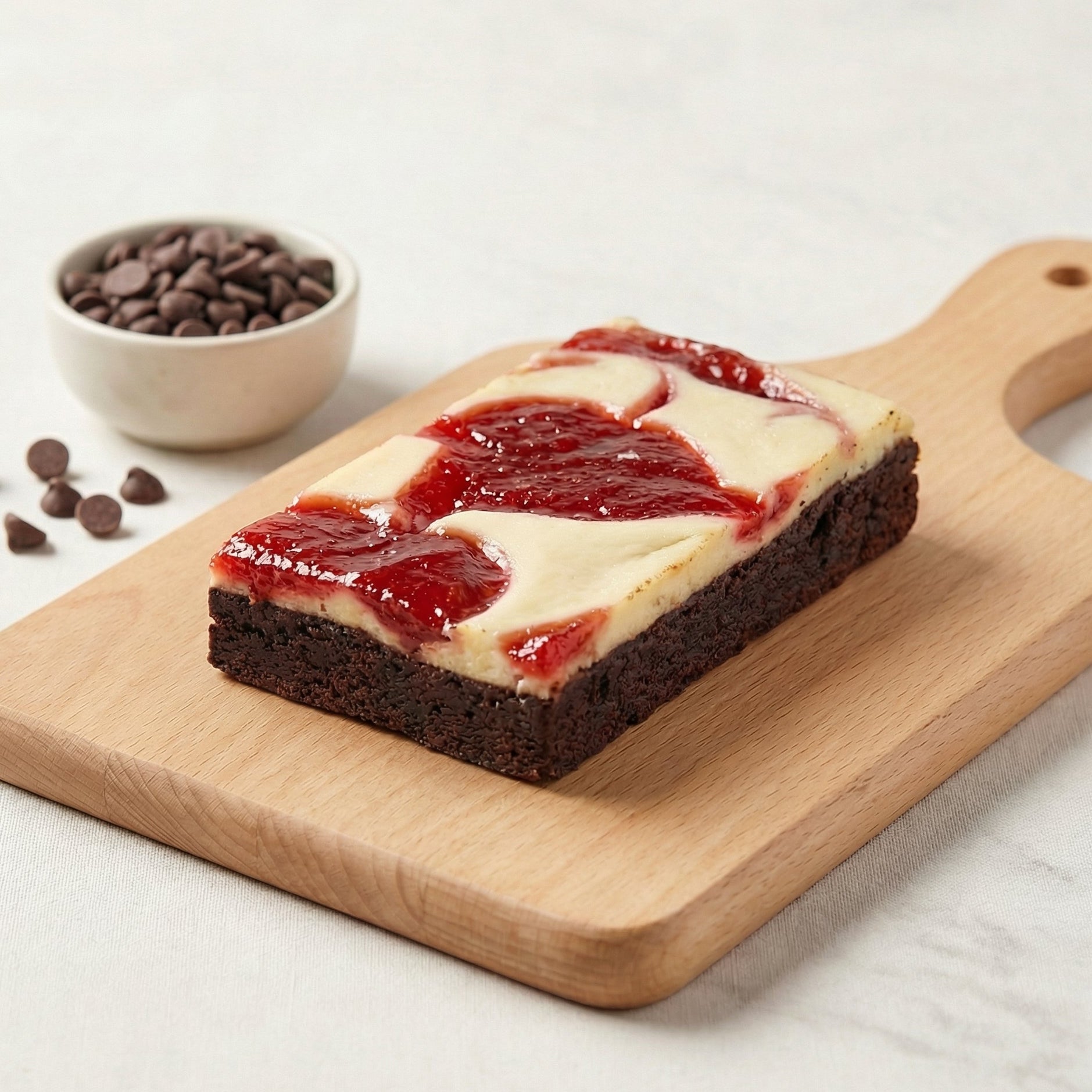 A fudge brownie made with premium cocoa, topped with a smooth cream cheese layer and a beautiful strawberry filling swirl