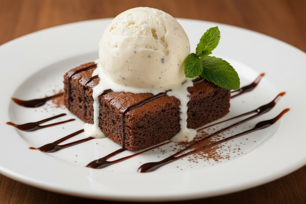 Chocolate brownies with a scoop of vanilla ice cream on a white plate